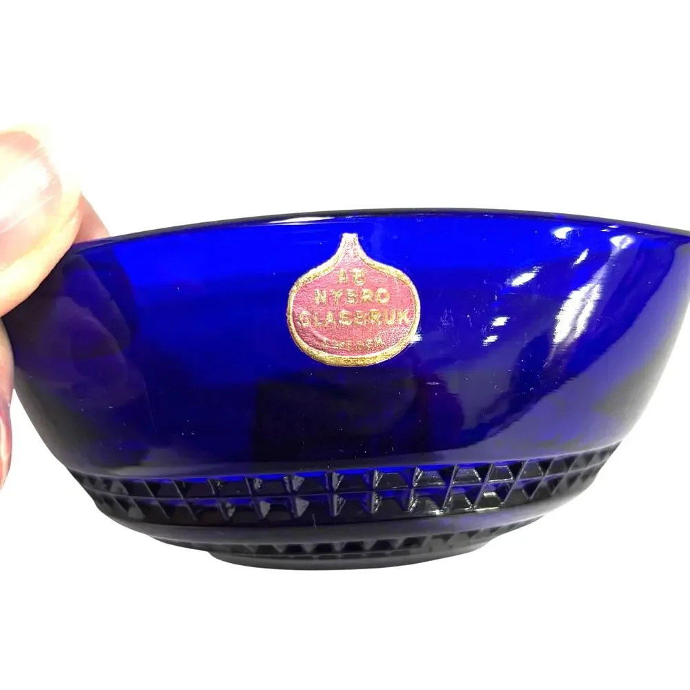 Cobalt blue Scandinavia Sweden Glass bowl candle holders pair AB Nybro Glasbruk